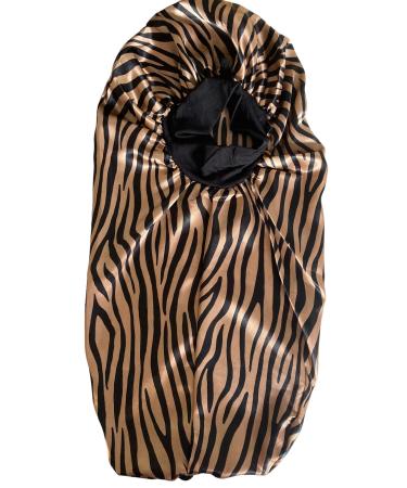 YUPs Long Sleeping Silk Satin Adjustable Hair Bonnet with Ties for Long Hair and Long Braids One Size-L Gold Zebra