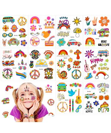 Qpout 10PCS Hippie Temporary Tattoo Trendy Hippie Flower Tattoo Sticker Face Tattoos for Adults and Kids Love and Peace Sign Temporary Tattoo Party Favor Hippie Accessories