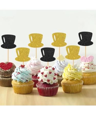 MonMon & Craft Top Hats Cupcake Toppers - Funny Birthday Cupcake Toppers - Magic Theme Baby Shower Wedding Party Cupcake Decorations - Boys Men Birthday Cupcake Toppers Black Gold Glitter 24 Pcs - Buy Online on GoSupps.com