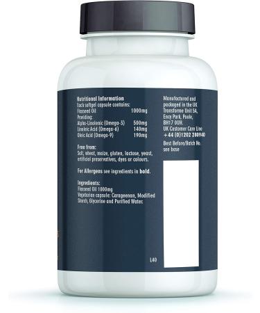 Transforme Flaxseed Oil Capsules 1000mg - Vegan Cold Pressed Omega 3 6 9 - 90 Soft gels - Vegetarian Gluten Free - UK Made - Buy Online on GoSupps.com