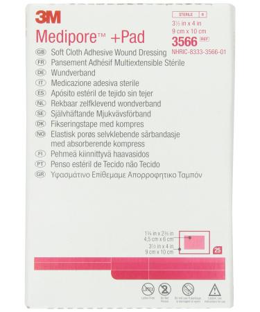 3M  Medipore  +Pad Soft Cloth Adhesive Wound Dressing 3566  Dressing size 3 1/2 IN x 4 IN  Pad size 1 3/4 IN x 2 3/8 IN