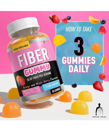 Helix Heal Prebiotic Fiber Gummies for Adults - 5g Fiber per Serving (Chicory Root/Inulin) Digestive Health & Regularity Support Orange & Mixed Berry Flavor 3 Gummies/Serving 60CT - Buy Online on GoSupps.com