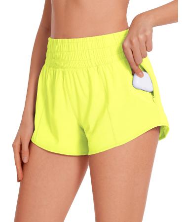 CRZ YOGA High Waisted Running Shorts for Women 2.5" - Mesh Liner Quick Dry Sport Athletic Workout Shorts with Zipper Pocket X-Small Neon Yellow
