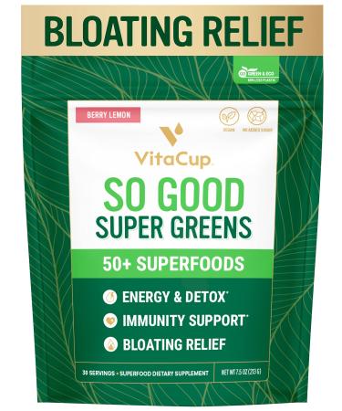 VitaCup So Good Super Greens Powder w/ 50+ Premium Superfoods, Boost Energy, Detox, Immunity w/Probiotics, Prebiotics, Fiber, Antioxidants, Adaptogens, Spirulina, Berry Lemon,30 Servings 7.50 Ounce (Pack of 1)