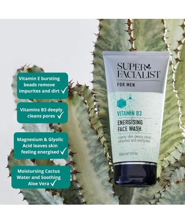 Super Facialist Energising Face Wash for Men - Vitamin B3, Hyaluronic Acid, Magnesium, Vitamin E - Oil-Free & Vegan - 150ml - Buy Online on GoSupps.com