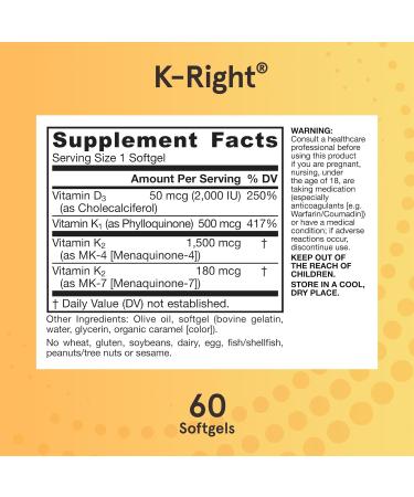 Jarrow Formulas K-Right - Vitamin K-Complex (K1 MK-4 MK-7 D3) - 60 Servings (Softgels) - Dietary Supplement for Bone & Cardiovascular Health Support - Vitamin K2 MK-7 - Gluten Free Pack of 12 - Buy Online on GoSupps.com