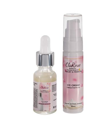 ClaRose - Detoxifying Anti-Aging Facial Kit: Face Serum (20ml) and Eye Cream (30ml) with 100% Natural Rose Oil Yogurt and Prebiotic.