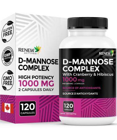 Renew Actives High Potency D-Mannose & Cranberry Complex 1000MG per 2 Capsules with Hibiscus & Dandelion Extracts Antioxidant Blend No Artificial Flavours - Made in Canada - 120 Capsules