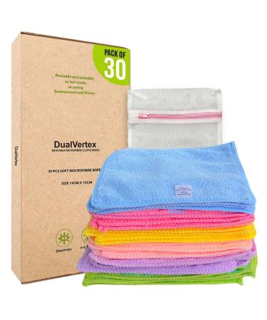 DualVertex 30 Reusable Baby Wipes Microfiber Face Cloth Washable Reusable Multipurpose Unscented - Makeup Remover Cloth with Laundry Bag | Hand Wipes | Good for Cleaning | New Born Gift
