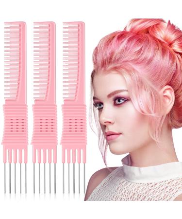 3 Pack Carbon Lift Teasing Combs with Metal Prong, Salon Teasing Back Combs Carbon Comb with Stainless Steel Lift (Pink)