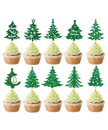 60Pcs Christmas Tree Cupcake Toppers Green Glitter Christmas Tree Cupcake Picks for Merry Christmas Party Decorations Supplies Color01