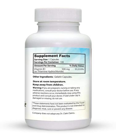 Dr. Clark Vitamin B1 500mg Supplement - 100 Capsules | High Potency Thiamine for Energy & Metabolism Support - Buy Online on GoSupps.com