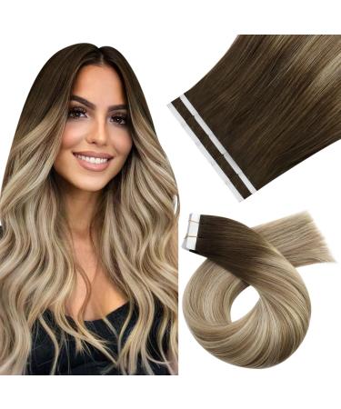 Moresoo real hair extensions tape in blonde hair extreme real hair tape dark brown to mid -blonde with blond ombre invisible tape in extensions real hair blonde/25g 40 cm #3/8/22 40 cm 1. #3/8/22