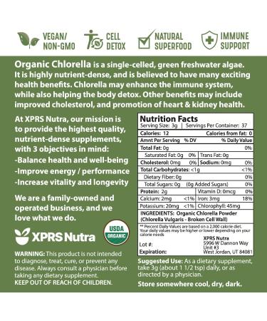 XPRS Nutra Organic Chlorella Powder - Broken Cell Wall Chlorophyll for Immunity - Vegan Friendly - 4oz - Buy Online on GoSupps.com