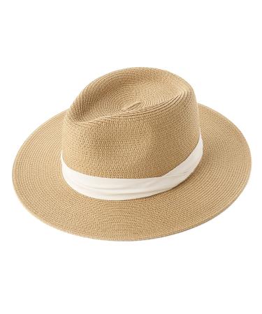 Womens Mens Wide Brim Straw Panama Hat Fedora Summer Beach Sun Hat UPF Straw Hat for Women Khaki-beige Medium-Large