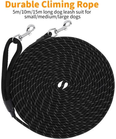 Pettom Reflective Dog Leash - 5m Training Line with Hand Loop & 2 Carabiners for Small to Medium Dogs - Durable Black Rope Leash - Buy Online on GoSupps.com