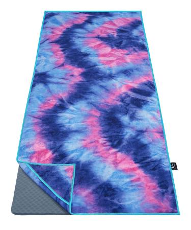 Ewedoos Yoga Towel with Anchor Fit Corners, Non Slip Yoga Towel, 100% Microfiber, Super Soft, Sweat Absorbent, Ideal for Hot Yoga, Pilates and Workout. Blue & Pink Tie Dye 72" X 26"