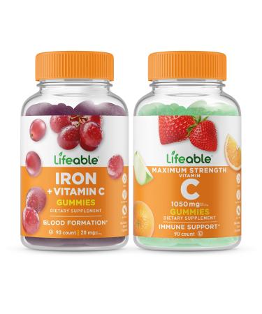 Lifeable Iron with Vitamin C + Vitamin C 1050mg Gummies Bundle - Great Tasting Vitamin Supplement Gluten Free GMO Free Chewable Gummy