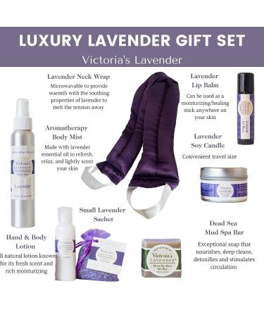 Victoria's Lavender Luxury Gift Basket for Women with Neck Wrap, Body Mist, Hand & Body Lotion, Lip Balm, Soy Candle, Mud Spa Bar, Lavender Sachet - Skin Care & Beauty Set - Buy Online on GoSupps.com