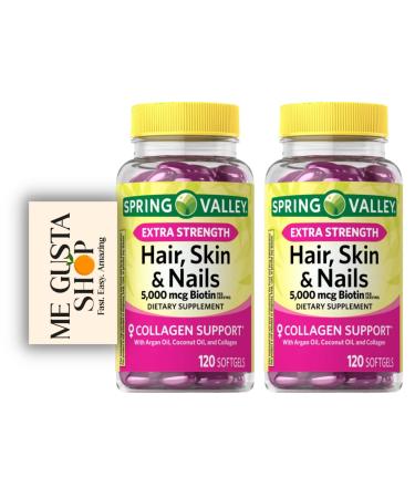 Spring Valley Hair Skin & Nails Biotin Collagen Gelatin Extra Strength Dietary Supplement 120ct (Pack of 02) 240 Total + Me Gustas Sticker
