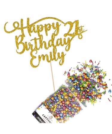 Cakeshop Cake Decoration Pack | Happy Birthday Premium Double Sided Glitter Card Cake Topper Sign & 25g Party Pack of Cake Sugar Sprinkles | Custom Name & Age Cake Decorations (Gold) Non-Prime Glitter Card: Gold