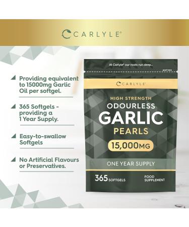 Odourless Garlic Capsules 15000mg | 365 Count | High Strength Garlic Oil | One Year Supply | No Artificial Preservatives | by Carlyle - Buy Online on GoSupps.com