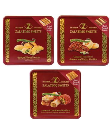 Zalatimo Sweets Since 1860 Shortbread Cookies Variety Pack, 100% All-Natural, Slightly Sweet, Square Metal Gift Tin, No Corn Starch, No Syrups! Assorted Baklava, Mamoul, Sesame & Butter (Pack of 3)