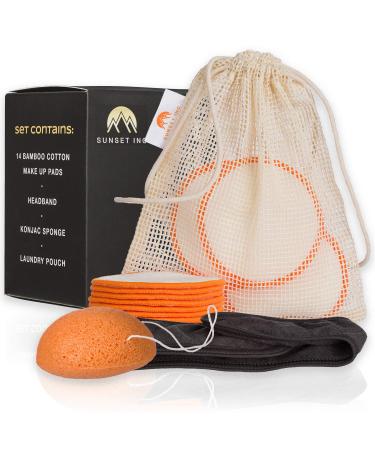 SUNSET INC 14 Reusable Organic Bamboo Makeup Remover Pads Konjac Sponge Headband