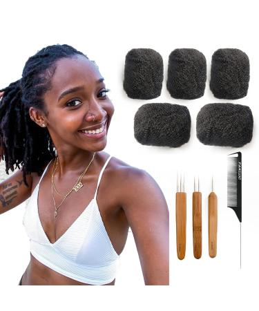 FAMILOCS Afro Kinky Bulk Human Hair 10 Inch 5 Packs 150g Afro Kinky Curly Hair Bulk for Making Locs Repair Dreadlocks Twist Braiding 1B Natural Black Color Can be Dyed and Bleached with Crochet Hook and Comb 10 Inch...