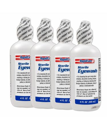 Rapid Care First Aid 652-4 Sterile Saline Isotonic Eye Wash Solution 4 oz, FDA Compliant, Pack of 4, Red, White & Blue 1 Count (Pack of 4) Pack of 4