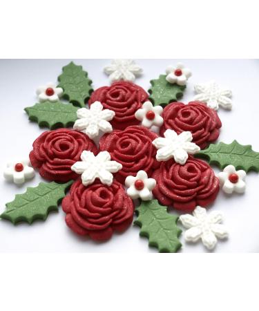 24x Red Roses Holly Leaves Christmas Cake Toppers Edible Winter Sugar Flowers Cake Cupcake Decorations - Buy Online on GoSupps.com