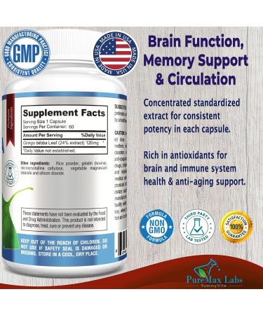 YUMMYVITE Ginkgo Biloba Capsules - Brain Function & Memory Support - 60 Capsules - Buy Online on GoSupps.com