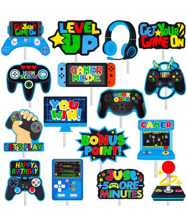 Video Game Cupcake Toppers 36pcs Game Party Cupcake Picks Game On Controllers Cake Picks Gamepad Birthday Party Decoration for Game Theme Baby Shower Supplies(Blue)