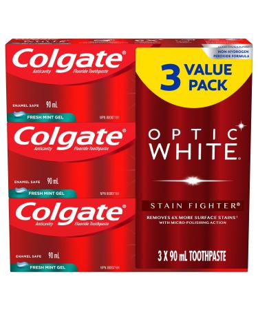 Colgate Optic White Stain Fighter Teeth Whitening Toothpaste Fresh Mint Gel - 90 ml 3 Pack Fresh Mint Gel 90 g (Pack of 3)