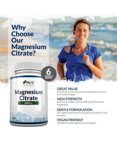 Magnesium Citrate 200mg | 180 Tablets | 6 Month Supply | UK Made by Nu U Nutrition - Buy Online on GoSupps.com
