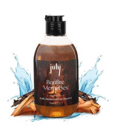 July Bonfire Memories Body Wash 300ml Oudh & Sandalwood Vitamin E with Moisturizer Long Lasting Fragrance Exfoliating Shower Gel Nourishing Body Wash for Women & Men