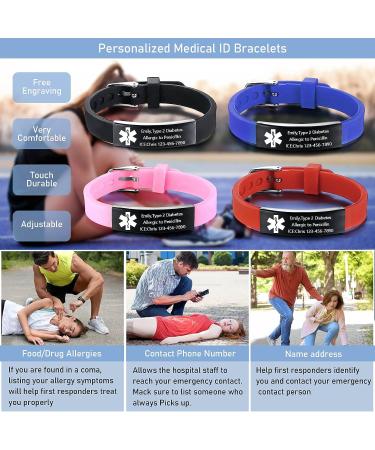 VNOX Medical Alert Bracelet - Stainless Steel ID Silicone Rubber Band, Adjustable for Men Women, Style 1-Pink - Buy Online on GoSupps.com