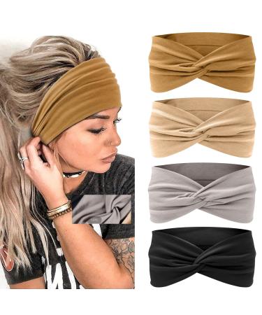 MISUPORVE Boho Wide Headbands for Women Non Slip Stretch Cloth Workout Headband Yoga Running Sport Hairbands Fashion Head Bands for Women's Hair Accessories 4 Pcs