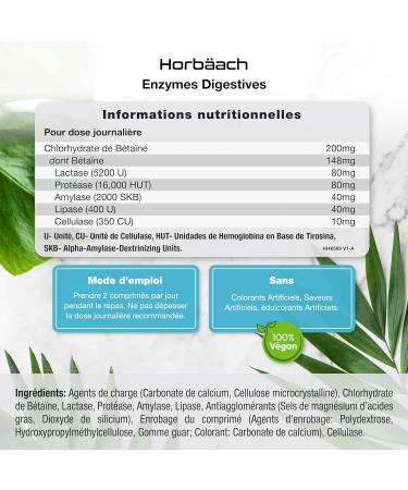 Enzyme Digestives Complexe avec Chlorhydrate de B ta ne | Lactase Prot ase Cellulase Amylase Lipase et Cellulase pour la Digestion | 90 Comprim s V g taliens | by Horbaach - Buy Online on GoSupps.com
