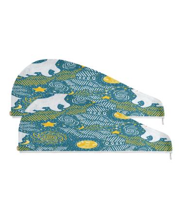 Polar Bears and Starry Skies Dry Hair Cap 2 Piece Quick Drying Towel Set with Button Headband Super Absorbent Soft & Comfortable