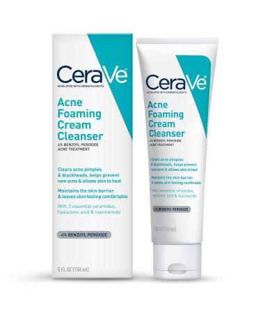 CeraVe Acne Foaming Cream Cleanser | Acne Treatment Face Wash with 4% Benzoyl Peroxide, Hyaluronic Acid, and Niacinamide | Cream to Foam Formula | Fragrance Free & Non Comedogenic | 5 Oz 5 Fl Oz (Pack of 1)