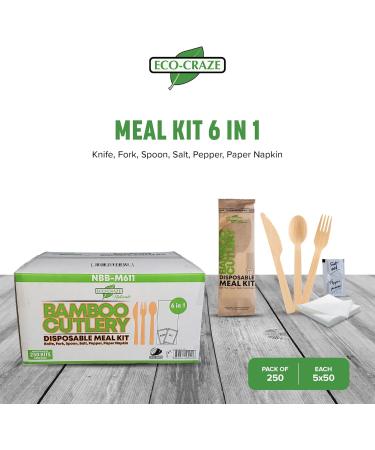 Eco-Craze Bamboo Cutlery Kit (Pack of 250) 6 Pcs Disposable Bamboo Meal Kit Includes a Fork Knife Spoon Salt Pepper Paper Napkin Compostable Bamboo Set Alternative to Plastic - Buy Online on GoSupps.com