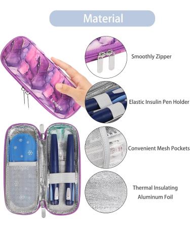 Bomkee Insulin Pen Bag | Cooling Medication Bag for On-the-Go Diabetes | Holds Insulin Pens & Glucose Meters | Includes 2 Fridge Packs - Marble Violet - Buy Online on GoSupps.com