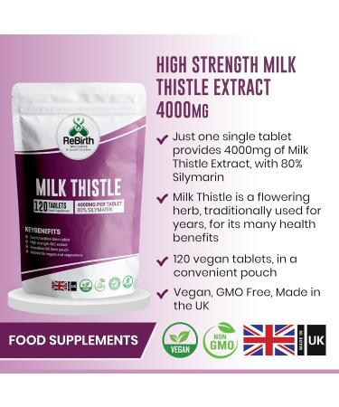 Milk Thistle 4000mg - 120 High Strength Liver Detox Tablets - Gluten Free, Vegan & Made in UK - Liver Support Supplement with 80% Silymarin - Rebirth Wellness - Buy Online on GoSupps.com