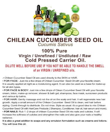 CUCUMBER SEED OIL 100% Pure Natural Virgin Unrefined Cold Pressed Carrier Oil 1 Fl.oz.- 30 ml or Face Skin Hair Nails by Botanical Beauty - Buy Online on GoSupps.com