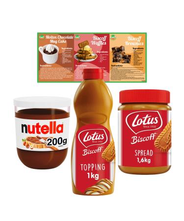 Breakfast and Dessert Bundle Includes Biscoff Topping Sauce (1kg) Biscoff Spread (1.6kg) and Nutella Hazelnut Chocolate Spread (200g) with Go2 Groceries Recipe Cards Biscoff Topping Sauce Biscoff Spread & Nutella