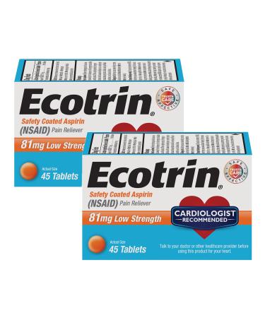 Ecotrin Low Strength Aspirin | 1 Cardiologist Recommended | 81mg Low Strength | 45 Tablets | Pack of 2