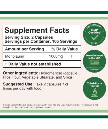Monolaurin Immune Support Supplement 1,000mg per Serving 210 Capsules (Vegan Safe Non-GMO Gluten Free) Immune Booster for Adults Immune System Defense by Double Wood - Buy Online on GoSupps.com