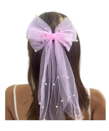 Golden Apple Pearl Bow Hair Clips Bridal Veil Wedding Tulle Big Bow with Clip Bowknot Spring Snap Hair Barrettes for Women (Pink)