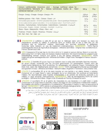 Bioptimal - Racines d'Ashwagandha Indien Bio en Poudre - Withania Somnifera 100% Pur - Sommeil Anti-Stress Libido Adaptog ne - Contr l et Conditionn en France - Certifi Ecocert - 100g 100 g (Lot de 1) - Buy Online on GoSupps.com